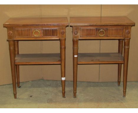 A pair of side or lamp tables in mahogany, the tops quarter veneered with string inlay detail, over a single frieze drawer, r