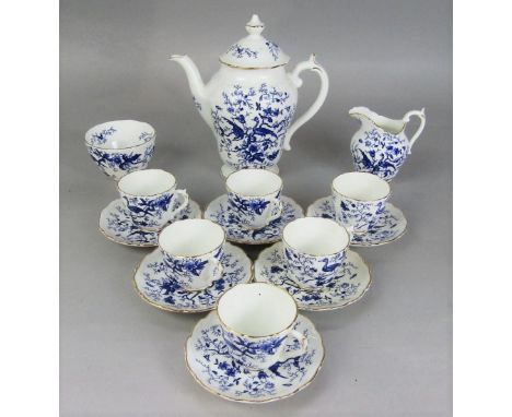 A six place Coalport Cairo pattern blue and white printed coffee set including coffee pot, cream jug, sugar bowl, six cups an