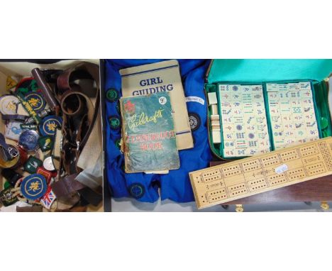 Miscellaneous effects including girl guide and boy scout belts, badges and other ephemera, rosewood box, cribbage board, majh