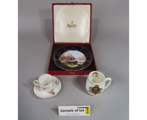 A collection of royal commemorative wares including boxed Royal Crown Derby heart shaped trinket box and cover for the 100th 