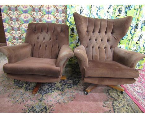 G-Plan - 'The Sixty Two' swivel armchair with button back brown upholstery upon a four spoke teak base, 100cm high x 90cm wid