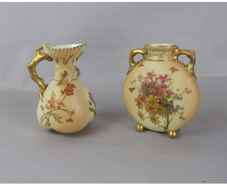 A Royal Worcester blush ivory jug with rustic handle and painted floral decoration and puce printed mark to base number 1507,