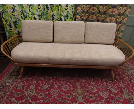 Ercol daybed / studio couch in light elm, with corduroy oatmeal cushions, 200cm long x 80cm high