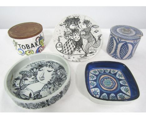 A collection of Scandinavian pottery to include Bjorn Winblad wall plated, decorated with a romantic scene of a boy pushing a