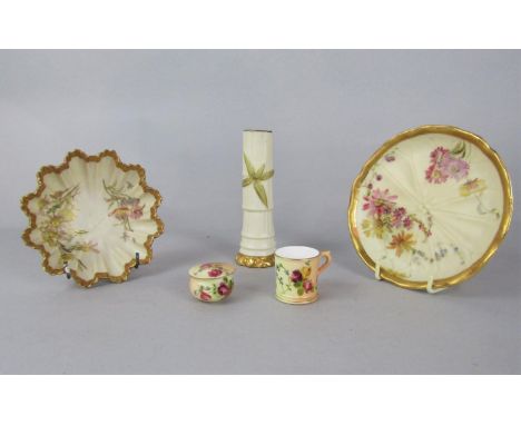 A collection of Royal Worcester wares comprising a circular dish with painted floral detail, 13cm approx, with pink printed m