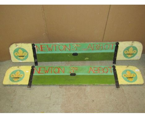 A pair of vintage pine hinged trap or cart sideboards, with hand painted finish advertising Newton Abbott 3rd Scout Group, 13