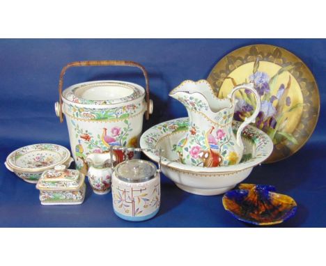 A Copeland Spode jug and basin set with polychrome chinoiserie decoration comprising a jug, basin, toilet pail, sponge dish, 