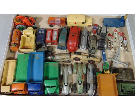Dinky toys, all unboxed, including a sea plane, military vehicles, telephone and pillar boxes, rod signs, racing cars, Field 
