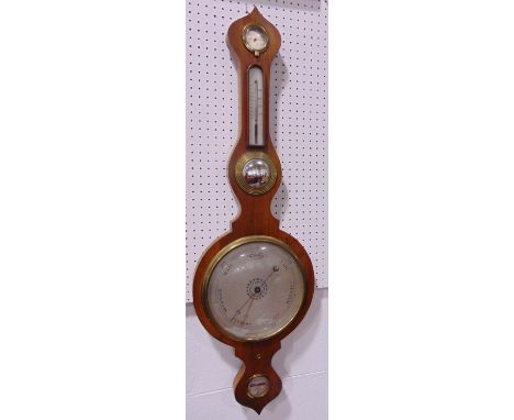 Large mahogany banjo barometer fitted with thermometer, barometer and dry/damp dial, 101cm long 
