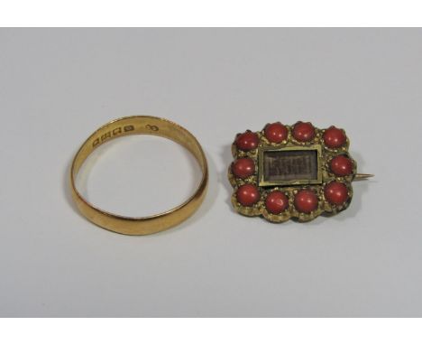22ct wedding ring, size Q/R, 2.9g and a Victorian yellow metal coral mourning brooch (2) 