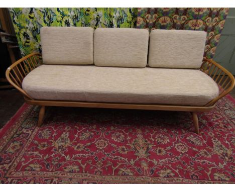 Ercol daybed / studio couch in light elm, with corduroy oatmeal cushions, 200cm long x 80cm high