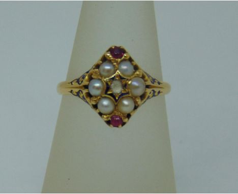 Victorian 18ct pearl, ruby and diamond navette cluster ring, with scrolled enamel decoration, size O, 3g 