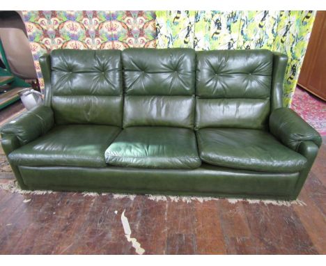 Vintage Gimson Slater - three seater green leather sofa, 216cm long x 90cm high 