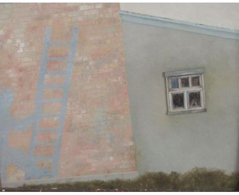 20th century school - Interesting study of a figure, a ladder and a couple looking out of a window, indistinctly signed, reli