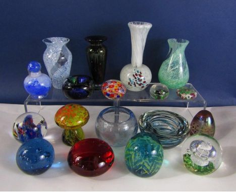 A collection of various glass paperweights including Mdina examples, etc, together with two Caithness glass vases, etc (a col
