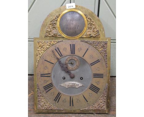 A Georgian eight day longcase clock movement and dial, the arched dial (34cm and arch) with applied cast spandrels, by Viner,