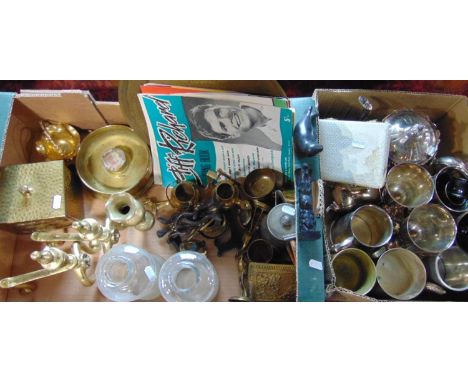 Two boxes of miscellaneous effects including silver plated wares, goblets, tankards, etc, and a quantity of brass wares inclu