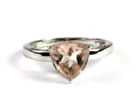 A 9ct white gold ring set with a trillion cut Brazilian galileia morganite, limited edition ring of only 68 pieces for the "J