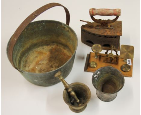 A brass scale and weights with a brass jam pan, etc.