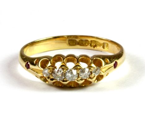 An 18ct yellow gold five diamond set ring, (K).