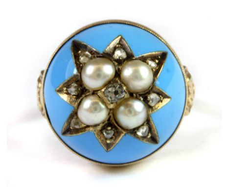 A stunning 18th/early 19th century yellow metal (tested 18ct gold) turquoise ring set with rose cut diamonds and pearls in an