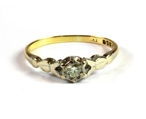 An antique 18ct yellow gold and platinum diamond solitaire ring, (M).