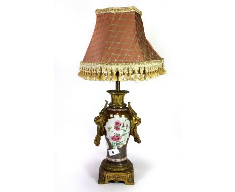 A 19th century hand painted Chinese porcelain vase mounted c. 1920 as a table lamp, H. with shade 57cm.