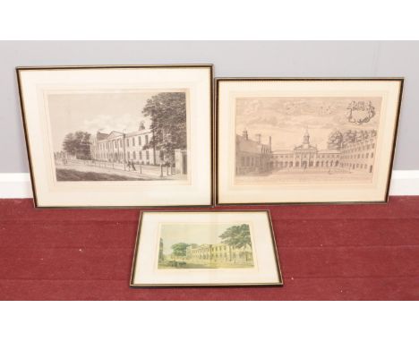 Two framed etchings and one print of Emmanuel College, Cambridge.  To include J.Sadler after A Pugin print, S Sparrow after I