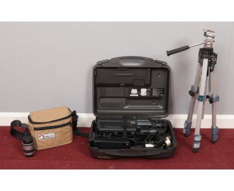 An assortment of photographic equipment. To include a cased Panasonic VHS Movie camera NV-M10 with battery pack, a Lowe-pro c