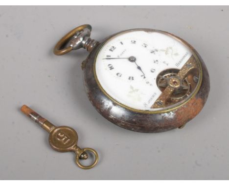 A French gun metal Hebdomas 8 day pocket watch.  Not running. Rusted. Missing winder.