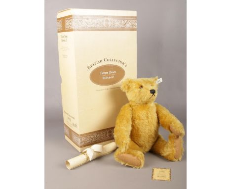 A boxed Steiff British Collector's 1996, Blond 42 teddy bear with certificate. Limited edition No 1705 /3000. Bear makes a no