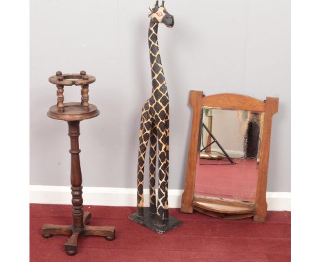 A collection of miscellaneous. Wooden decorative giraffe (103cm height), Oak framed wall mirror with shelf (41cm x 59cm), pla