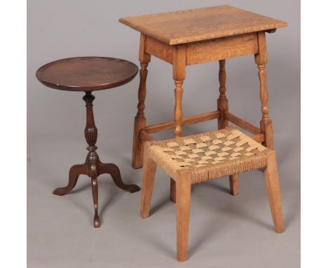 A light oak occasional side table, together with mahogany wine table and rush topped seat.  