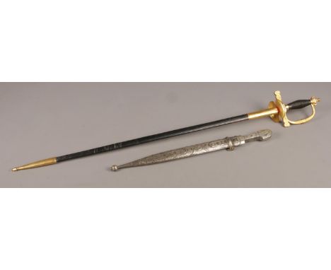 A Spanish Toledo sword with leather and metal scabbard. (Blade: L: 75cm.) along with an Eastern white metal dagger and scabba