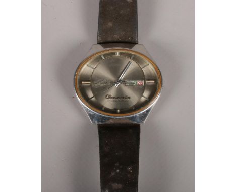 A Mido chronometer stainless steel wrist watch with leather strap.  