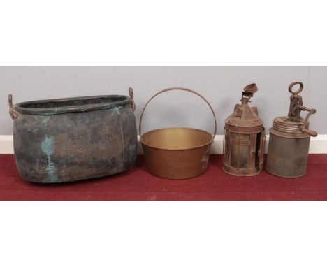 An assortment of metalwares. To include a copper log/coal bucket, brass jam pan with riveted strap handle, and lantern etc.  