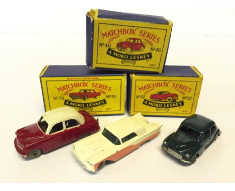 Three Moko Lesney Matchbox 1-75 regular wheels car models: 75 Ford Thunderbird, blue base and SPW (G, hole to rear, in G box 