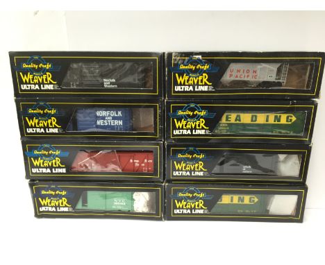 WEAVER 2R O Gauge - 7 x Boxcars and a Covered Hopper all fully lettered with Trucks and couplings. Good in Fair Boxes.