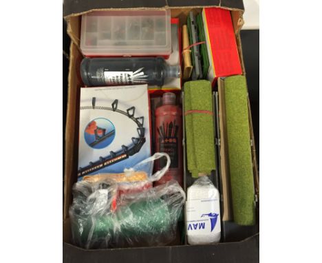 A tray containing Scenic items including Bridges and piers and a plastic organiser containing Models of people, Station Furni