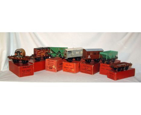 HORNBY O Gauge 7 x No 1 LMS Goods Wagons - Flat Truck, 2 x Green Hopper Wagon, Cattle Truck, Flat Truck with Cable Drum and F