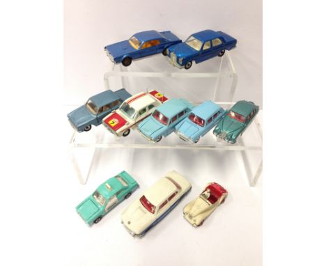 Ten Dinky Toys car models, includes 162 Triumph 1300, 140 Morris 1100 and 205 Ford Cortina. Conditions vary, P-VG unboxed.