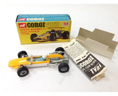 Corgi Toys 159 Cooper-Maserati F1, yellow and white racing car in original condition without rear spoiler or decals. VG in G/