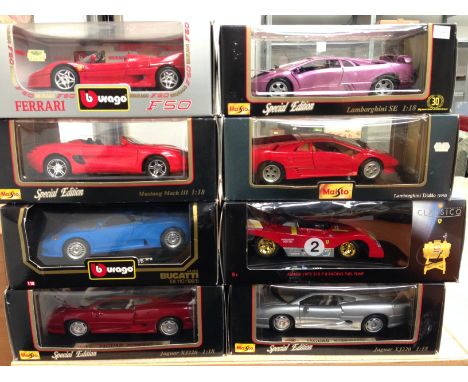 Eight 1/18 scale diecast sports cars by Maisto, Bburago and one other, includes Shell Collezione Classico Ferrari 1972 312P a