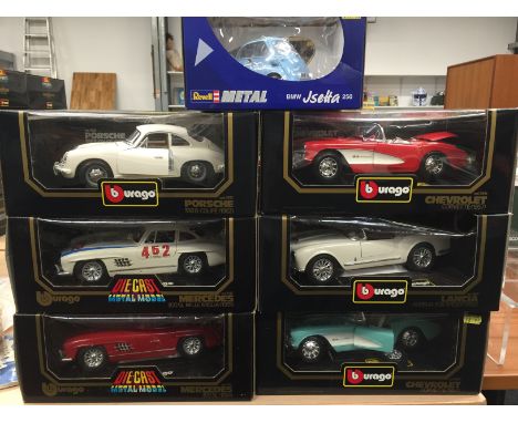 Six Bburago 1/18 scale 1950's/'60's diecast car models, includes Porsche 356B Coupe (1962). Together with a Revell 8820 BMW I