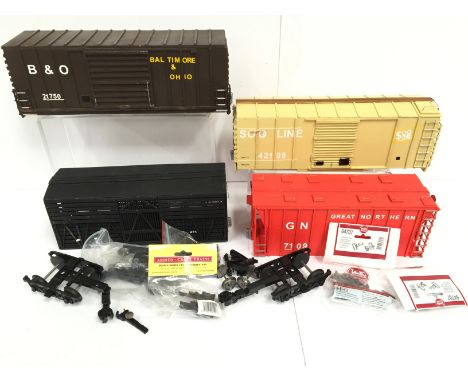 4 x Gauge 1 North American outline part  Built Freight Wagons - 2 x Box cars, a Cattle Wagon and a Grain Hopper - the Lot inc