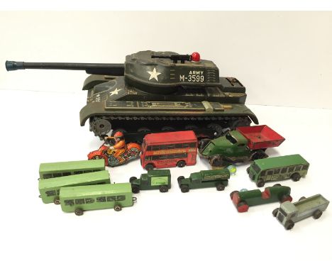 Masudaya (Japan) Tinplate M-3599 Army Tank, c.1960's, battery operated, plastic tracks. Length 32cm. F, unboxed. Together wit