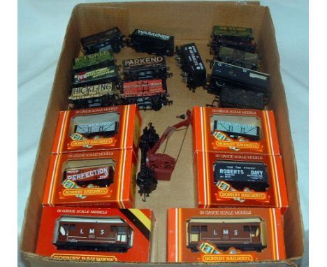 A tray containing 20 Goods Wagons - 6 x Hornby nos R016, 098, 116, 716, 718 and 719 (Excellent Boxed), 5 x Hornby Wagons (mos