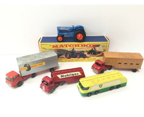 Lesney Matchbox K-11 Fordson Tractor, VG in VG+ box (lacks Farm Trailer). Together with four Lesney Matchbox Major Pack model