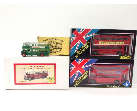 Two Solido London Double Deck Bus models 'Hovis' and 'Maples', appear E and boxed. Together with an ABC Model 1926 PLSC Leyla