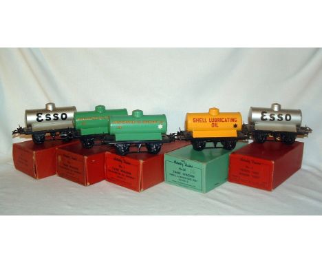 HORNBY O Gauge 5 x N0 1 and 50 Petrol Tankers -  2 x Esso Silver, Yellow Shell Lubricating Oil and  2 x Green Manchester Oil 